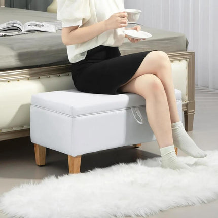 30L Linen Storage Ottoman Padded Footstool with Rubberwood Legs for Storage Box,