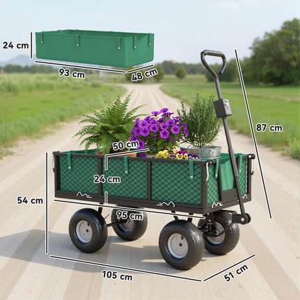 114L Steel Frame Garden Cart Trolley with Waterproof Bag and Pneumatic Wheels - Green