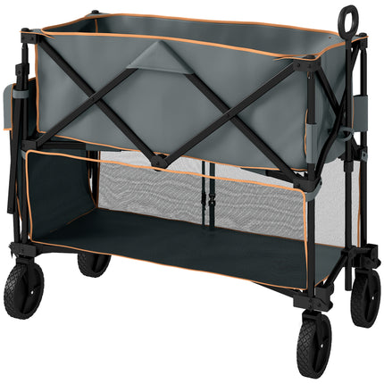 Double Decker Folding Festival Trolley on Wheels, 200KG & 350L Capacity Collapsible Wagon Festival Trolley Cart with 134cm Extended for Camping Sports Shopping Garden and Beach, Grey