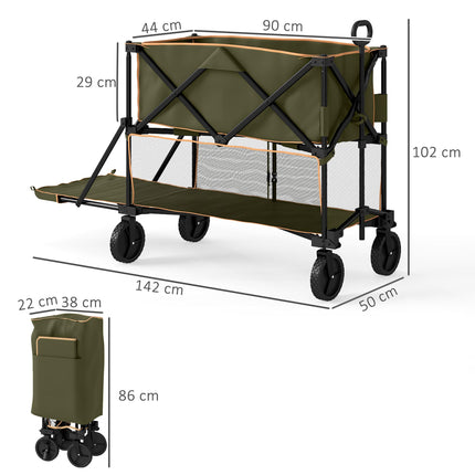 Double Decker Folding Festival Trolley on Wheels, 200KG & 350L Capacity Collapsible Wagon Festival Trolley Cart with 134cm Extended for Camping Sports Shopping Garden and Beach, Grey