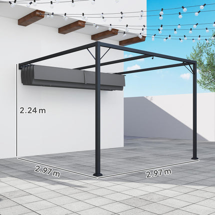 3 x 3 Metre Outdoor Metal Pergola with Retractable Canopy - Grey