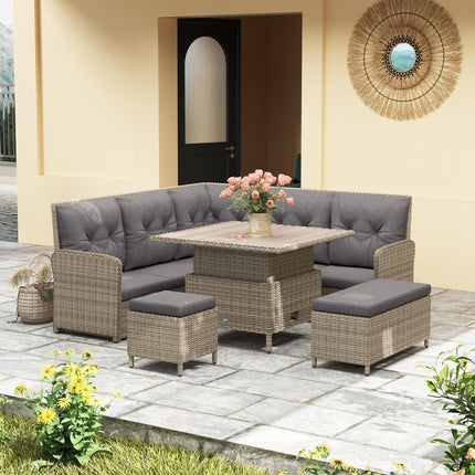6-Piece Outdoor PE Rattan Garden Sectional Sofa Set with Cushions & Liftable Coffee Table - Light Grey