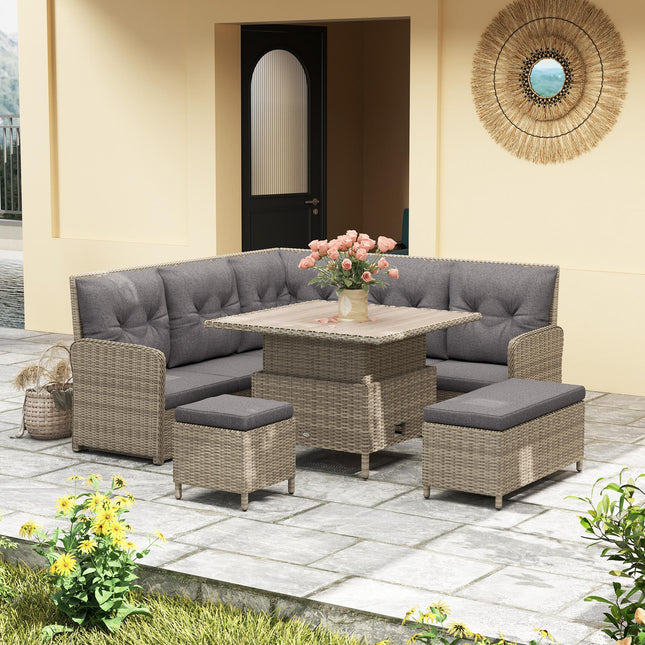 6-Piece Outdoor PE Rattan Garden Sectional Sofa Set with Cushions & Liftable Coffee Table - Light Grey