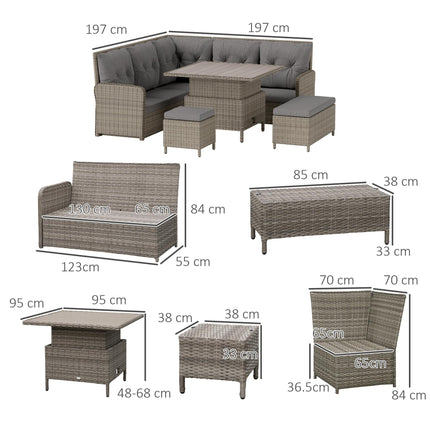 6-Piece Outdoor PE Rattan Garden Sectional Sofa Set with Cushions & Liftable Coffee Table - Light Grey