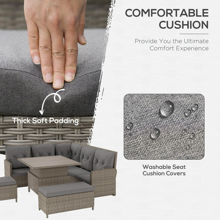 6-Piece Outdoor PE Rattan Garden Sectional Sofa Set with Cushions & Liftable Coffee Table - Light Grey