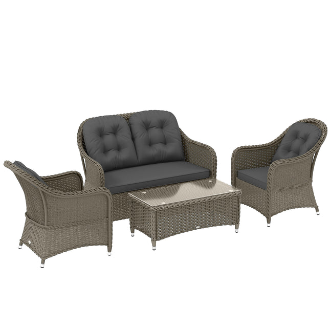 4 Piece Rattan Sofa Set with Aluminium Frame and Glass Table - Light Grey