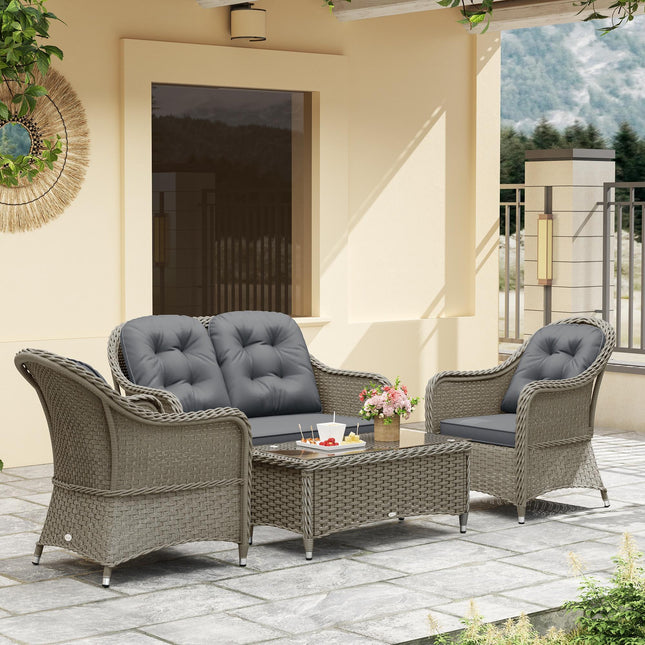 4 Piece Rattan Sofa Set with Aluminium Frame and Glass Table - Light Grey