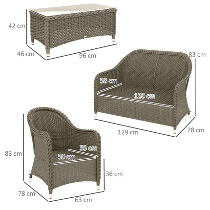 4 Piece Rattan Sofa Set with Aluminium Frame and Glass Table - Light Grey