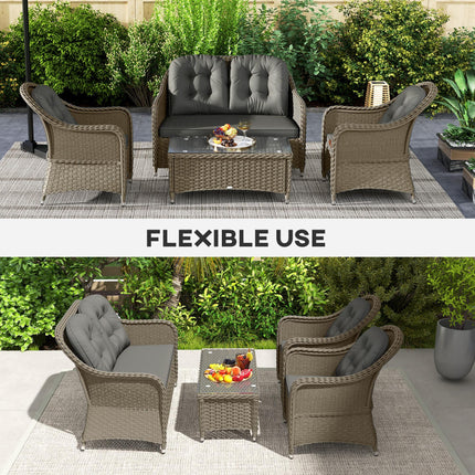 4 Piece Rattan Sofa Set with Aluminium Frame and Glass Table - Light Grey