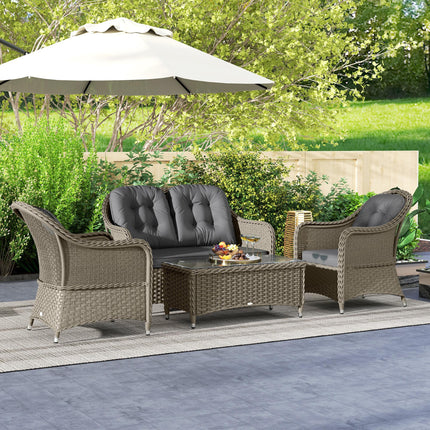 4 Piece Rattan Sofa Set with Aluminium Frame and Glass Table - Light Grey