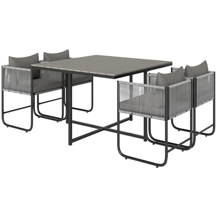 4 Seater Rattan Cube Garden Dining Set with Cushions and Rectangular Wood Grain Table - Grey