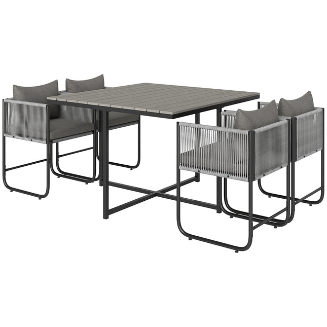 4 Seater Rattan Cube Garden Dining Set with Cushions and Rectangular Wood Grain Table - Grey