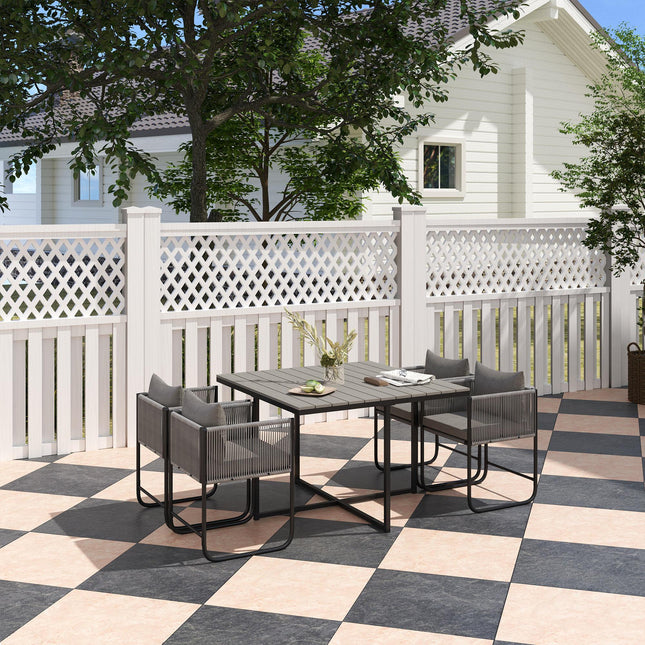 4 Seater Rattan Cube Garden Dining Set with Cushions and Rectangular Wood Grain Table - Grey