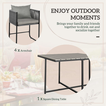 4 Seater Rattan Cube Garden Dining Set with Cushions and Rectangular Wood Grain Table - Grey