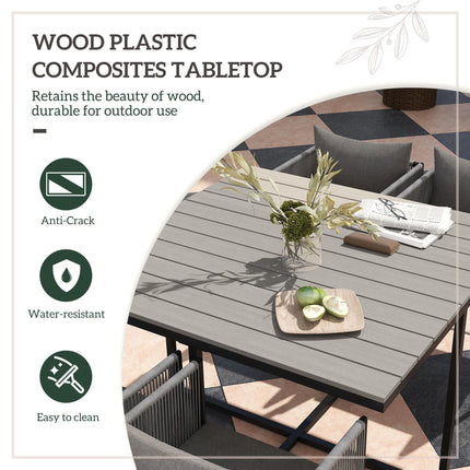 4 Seater Rattan Cube Garden Dining Set with Cushions and Rectangular Wood Grain Table - Grey