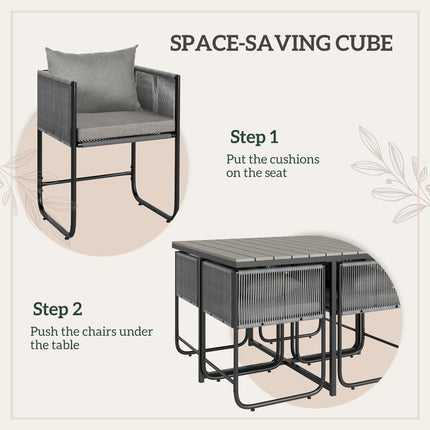 4 Seater Rattan Cube Garden Dining Set with Cushions and Rectangular Wood Grain Table - Grey