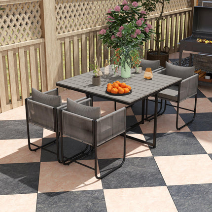 4 Seater Rattan Cube Garden Dining Set with Cushions and Rectangular Wood Grain Table - Grey