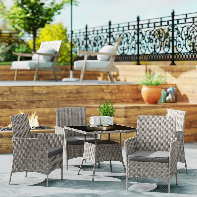 Five-Pieces Rattan Outdoor Dining Set with Cushions - Light Grey