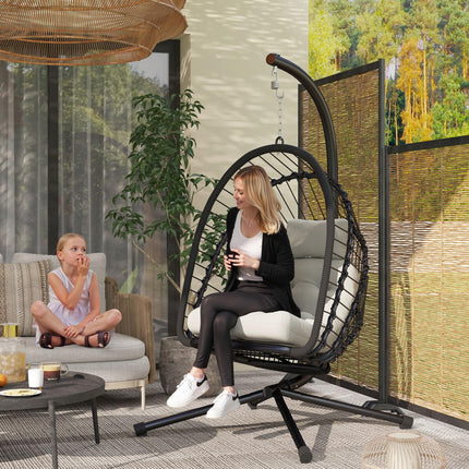 Hanging Egg Chair with Cushion and Metal Stand - Black