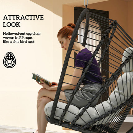 Hanging Egg Chair with Cushion and Metal Stand - Black