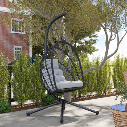 Hanging Egg Chair with Cushion and Metal Stand - Black