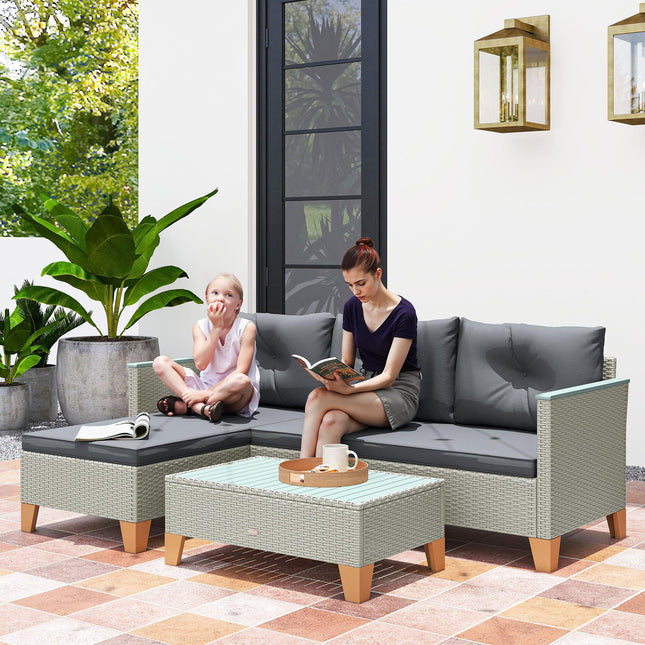3 Pieces Rattan Garden Furniture Set, L Shaped Garden Conversation Chaise Lounge