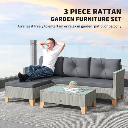 3 Pieces Rattan Garden Furniture Set, L Shaped Garden Conversation Chaise Lounge