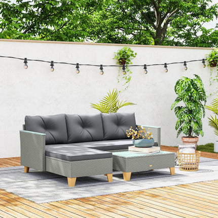 3 Pieces Rattan Garden Furniture Set, L Shaped Garden Conversation Chaise Lounge