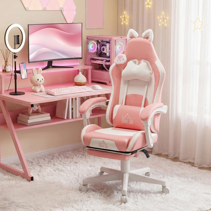 Cat Ear and Paw Reclining Office Chair with Footrest - Pink/White