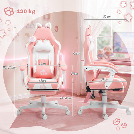 Cat Ear and Paw Reclining Office Chair with Footrest - Pink/White