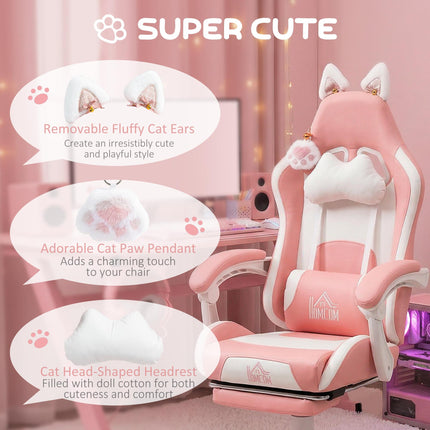 Cat Ear and Paw Reclining Office Chair with Footrest - Pink/White