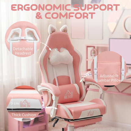 Cat Ear and Paw Reclining Office Chair with Footrest - Pink/White