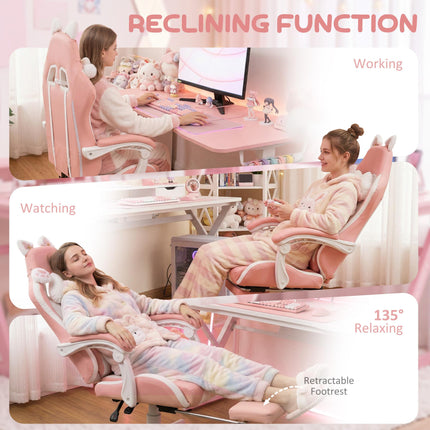 Cat Ear and Paw Reclining Office Chair with Footrest - Pink/White