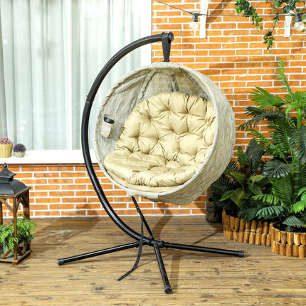 Hanging Egg Swing Chair with Stand and Thick Cushion - Khaki