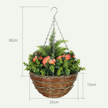 Set of Two Hanging Lisianthus Flower Pots with Wicker Basket - Orange/Green