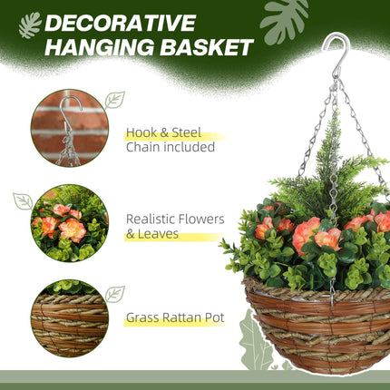 Set of Two Hanging Lisianthus Flower Pots with Wicker Basket - Orange/Green