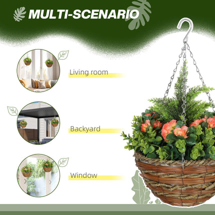Set of Two Hanging Lisianthus Flower Pots with Wicker Basket - Orange/Green