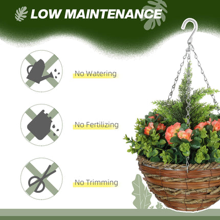 Set of Two Hanging Lisianthus Flower Pots with Wicker Basket - Orange/Green