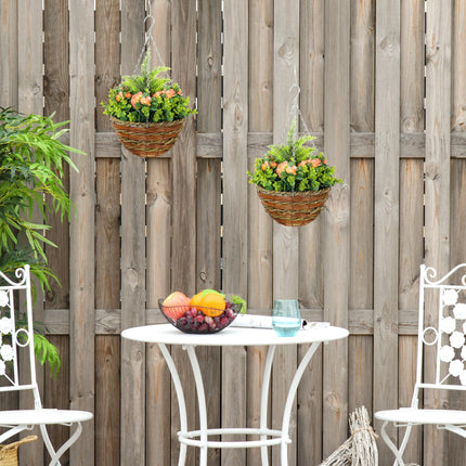 Set of Two Hanging Lisianthus Flower Pots with Wicker Basket - Orange/Green