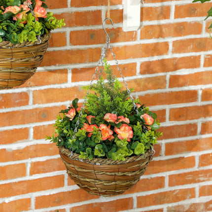 Set of Two Hanging Lisianthus Flower Pots with Wicker Basket - Orange/Green