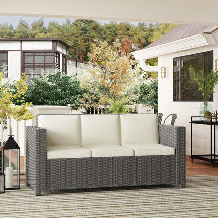 3 Seater Rattan Sofa with Fire Resistant Cushions - Cream