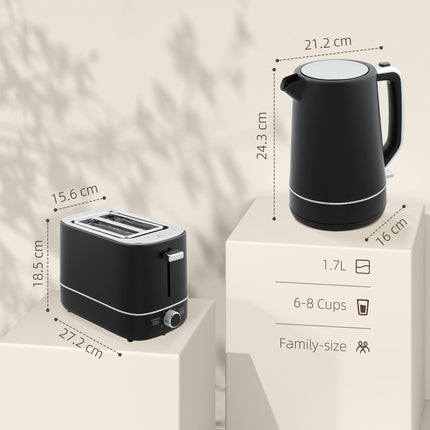 1.7L 3000W Fast Boil Kettle & 2-Slice Toaster Set with 6 Browning Levels, Defrost & Reheat - Black
