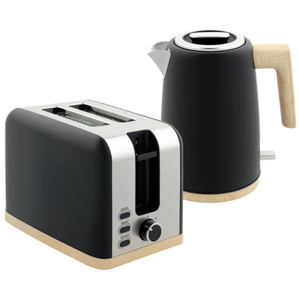 1.7L 3000W Fast Boil Kettle & 2-Slice Toaster Set with 7 Browning Levels, Defrost & Reheat - Black
