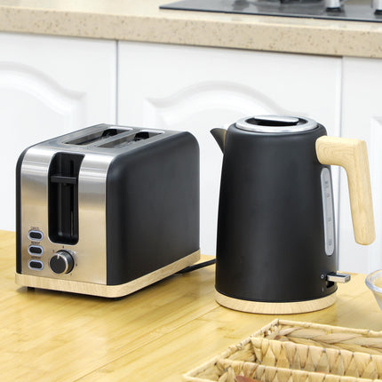 1.7L 3000W Fast Boil Kettle & 2-Slice Toaster Set with 7 Browning Levels, Defrost & Reheat - Black