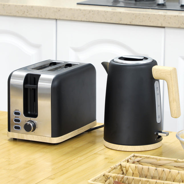 1.7L 3000W Fast Boil Kettle & 2-Slice Toaster Set with 7 Browning Levels, Defrost & Reheat - Black