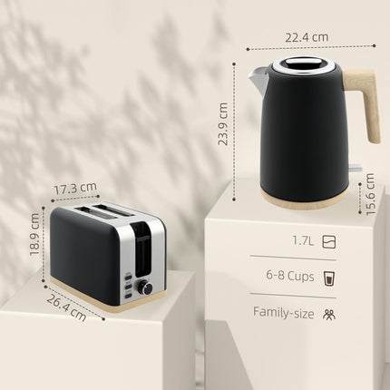 1.7L 3000W Fast Boil Kettle & 2-Slice Toaster Set with 7 Browning Levels, Defrost & Reheat - Black