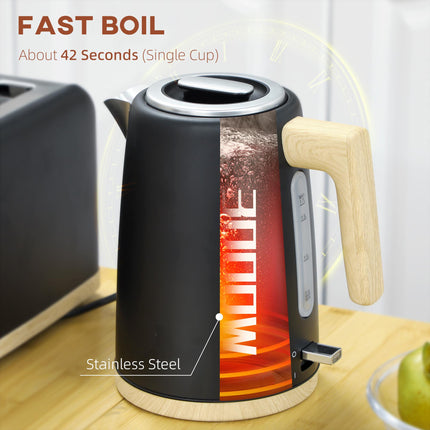 1.7L 3000W Fast Boil Kettle & 2-Slice Toaster Set with 7 Browning Levels, Defrost & Reheat - Black