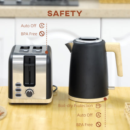 1.7L 3000W Fast Boil Kettle & 2-Slice Toaster Set with 7 Browning Levels, Defrost & Reheat - Black