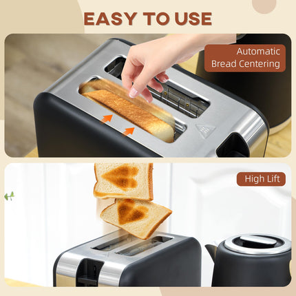 1.7L 3000W Fast Boil Kettle & 2-Slice Toaster Set with 7 Browning Levels, Defrost & Reheat - Black