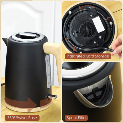 1.7L 3000W Fast Boil Kettle & 2-Slice Toaster Set with 7 Browning Levels, Defrost & Reheat - Black